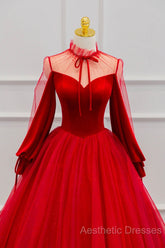 Red Velvet And Tulle Floor Length Evening Prom Dresses, Long Sleeve Beautiful A-Line Party Dresses